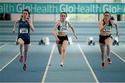 12 March 2016; Alison Burke, Celtic DCH A.C., Branagh Kelly, Emerald A.C., and Caitlin O'Reilly, Clonliffe Harriers A.C., in action during the Girls U17 60m heats. GloHealth Juvenile Indoor Championships. AIT, Athlone, Co. Westmeath. Picture credit: Sam Barnes / SPORTSFILE