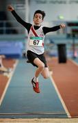 12 March 2016; Liam Donnelly, in action during the Boys U13 Long Jump. GloHealth Juvenile Indoor Championships. AIT, Athlone, Co. Westmeath. Picture credit: Sam Barnes / SPORTSFILE
