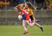 12 March 2016; Sarah Dillon, Mercy S.S. Ballymahon, Longford, in action against Rachel Fitzgerald, Scoil Phobail Sliabh Luachra, Rathmore, Kerry. Lidl All Ireland Junior C Post Primary Schools Championship Final 2016, Mercy S.S. Ballymahon, Longford v Scoil Phobail Sliabh Luachra, Rathmore, Kerry. MacDonagh Park, Nenagh, Tipperary. Picture credit: Matt Browne / SPORTSFILE