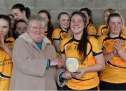 12 March 2016; Geraldine Carey, Ladies Football National Treasurer, presents the player of the match trophy to Sarah Nagle, Scoil Phobail Sliabh Luachra, Rathmore, Kerry. Lidl All Ireland Junior C Post Primary Schools Championship Final 2016, Mercy S.S. Ballymahon, Longford v Scoil Phobail Sliabh Luachra, Rathmore, Kerry. MacDonagh Park, Nenagh, Tipperary. Picture credit: Matt Browne / SPORTSFILE