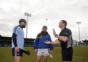 28 February 2010; Referee James Owens, Wexford, with Dublin captain Stephen Hiney and Tipperary captain Eoin Kelly. Allianz GAA Hurling National League Division 1 Round 2, Dublin v Tipperary, Parnell Park, Dublin. Picture credit: Stephen McCarthy / SPORTSFILE