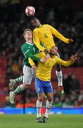 2 March 2010; Kevin Doyle, Republic of Ireland, in action against Juan, 4, and Felipe Melo, Brazil. International Friendly, Republic of Ireland v Brazil, Emirates Stadium, London, England. Picture credit: Stephen McCarthy / SPORTSFILE