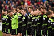 13 March 2016; The Mayo players stand during a moments silence in support of Uachtarán Aogán Ó Fearghail and his family on the passing of his father, Aidan Farrell. Allianz Football League, Division 1, Round 5, Mayo v Kerry. Elverys MacHale Park, Castlebar, Co. Mayo. Picture credit: Ray McManus / SPORTSFILE