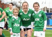 13 March 2016; Ireland captain Niamh Briggs with team mascots Roisin and Sally Hayes. Women's Six Nations Rugby Championship, Ireland v Italy. Donnybrook Stadium, Donnybrook, Dublin. Photo by Sportsfile