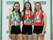 13 March 2016 ; Medallist in the  Girls U17 800m s, from left, bronze medallist  Davicia Patterson, Beechmount Harriers A.C., gold medallist  Alex O'Neill, St Cronan's A.C. and silver medallist  Katherine O'Connor, Dundalk St. Gerard's A.C. GloHealth Juvenile Indoor Championships - Day 2. AIT, Athlone, Co. Westmeath. Picture credit: Sam Barnes / SPORTSFILE