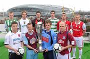26 February 2010; Airtricty Premier Division players, front row, from left, Steven Maher, Dundalk, Brendan McGill, Drogheda United, Greg Bolger, UCD, Thomas Heary, Galway United, back row, from left, Chris Shiels, Bray Wanderers, Steven Paisley, Sporting Fingal, Ken Oman, Bohemians, Craig Sives, Shamrock Rovers, Iorlaigh Davoren, Sligo Rovers, and Conor Sinnott, St. Patrick's Athletic, at the launch of 2010 Airtricity League. D4 Berkely Hotel, Ballsbridge, Dublin. Picture credit: David Maher / SPORTSFILE