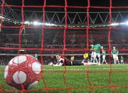2 March 2010; A dejected Republic of Ireland goalkeeper Shay Given looks on as the ball rests in the net following Robinho, Brazil, scoring his side's second goal. International Friendly, Republic of Ireland v Brazil, Emirates Stadium, London, England. Picture credit: Stephen McCarthy / SPORTSFILE