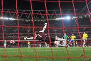 2 March 2010; Robinho, Brazil, shoots to score his side's second goal past Republic of Ireland goalkeeper Shay Given. International Friendly, Republic of Ireland v Brazil, Emirates Stadium, London, England. Picture credit: Stephen McCarthy / SPORTSFILE