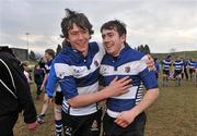 3 March 2010; Rockwell's JJ Hanrahan is congratulated by team-mate Harry McNulty, left, after the game as he scored the winning drop-goal to make the score 12-10 with the last play of the game. Avonmore Munster Rugby Schools Senior Cup Semi-Final, Rockwell v Castletroy College, Clanwilliam Park, Tipperary Town, Tipperary. Picture credit: Diarmuid Greene / SPORTSFILE