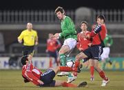 3 February 2010; Cillian Sheridan, Republic of Ireland, in action against Artur Yuspashyan, left, and Artashes Arakelyan, Armenia. UEFA European U21 Championship Qualifier, Republic of Ireland v Armenia, Tallaght Stadium, Tallaght, Co. Dublin. Picture credit: Ray Lohan / SPORTSFILE