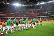2 March 2010; Republic of Ireland and Brazil teams walk out for the start of the game. International Friendly, Republic of Ireland v Brazil, Emirates Stadium, London, England. Picture credit: David Maher / SPORTSFILE