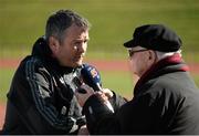 14 March 2016; Munster head coach Anthony Foley speaking to Len Dineen of Limerick's Live 95fm during a press conference. Munster Rugby Squad Training and Press Conference. University of Limerick, Limerick. Picture credit: Diarmuid Greene / SPORTSFILE
