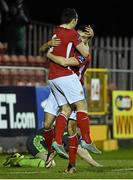 14 March 2016; Mark Timlim, right, St Patrick's Athletic, celebrates after scoring his side's first goal with team-mate Christy Fagan. SSE Airtricity League Premier Division, St Patrick's Athletic v Bohemians. Richmond Park, Dublin. Picture credit: David Maher / SPORTSFILE