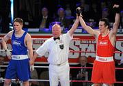 5 March 2010; Darren O'Neill, Paulstown, is announced victorious over Jason Quigley, Finn Valley, following their elite 75kg final. National Men's & Women's Elite National Championships 2010 Finals - Friday, National Stadium, Dublin. Picture credit: Stephen McMahon / SPORTSFILE