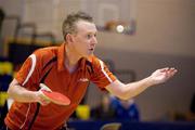 6 March 2010; Daryl Strong, University of Ulster, Jordanstown, serving to Mark O'Flynn during the quarter-final of the Butterfly National Senior Table Tennis Championships, DCU, Glasnevin, Co. Dublin. Picture credit: Ray McManus / SPORTSFILE