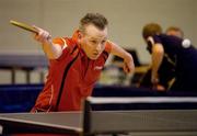 6 March 2010; Daryl Strong, University of Ulster, Jordanstown, in action agsinst Mark O'Flynn during the quarter-final of the  Butterfly National Senior Table Tennis Championships, DCU, Glasnevin, Co. Dublin. Picture credit: Ray McManus / SPORTSFILE