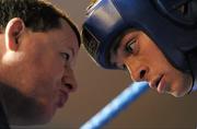 6 March 2010; Trainer Seamus Deays speaks to his boxer Conal Hall, Clonard, during his men's novice 67kg bout with Karl Kinga, Mount Tallant. Men's Novice National Championships 2010 Finals - Saturday Afternoon Session, National Stadium, Dublin. Picture credit: Stephen McCarthy / SPORTSFILE