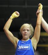 6 March 2010; Amanda Loughlin, Bray, is victorious over Sharon McGing, St Annes Westport, following their women's novice 54kg bout. Men's Elite & Women's Novice National Championships 2010 Finals - Saturday Evening Session, National Stadium, Dublin. Picture credit: Stephen McCarthy / SPORTSFILE
