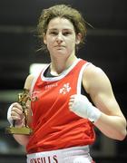 6 March 2010; Katie Taylor, Bray, Ireland, is victorious over Julia Tsyplakova, Ukraine, following their women's 60kg special bout. Men's Elite & Women's Novice National Championships 2010 Finals - Saturday Evening Session, National Stadium, Dublin. Picture credit: Stephen McCarthy / SPORTSFILE