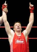 6 March 2010; Ray Moylette, St Annes Westport, celebrates his victory over Stephen Donnelly, All Saints, following their men's elite 64kg bout. Men's Elite & Women's Novice National Championships 2010 Finals - Saturday Evening Session, National Stadium, Dublin. Picture credit: Stephen McCarthy / SPORTSFILE