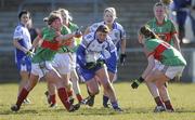 7 March 2010; Niamh Kindlon, Monaghan, in action against Fiona McHale and Aileen Gilroy, Mayo. Bord Gais Energy Ladies National Football League Division 1 Round 4, Monaghan v Mayo Emyvale, Co. Monaghan. Picture credit: Oliver McVeigh / SPORTSFILE