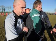 7 March 2010; Referee Martin Higgins leaves the field after Tyrone manager Mickey Harte, centre, spoke to him. Allianz GAA Football National League, Division 1, Round 3, Monaghan v Tyrone, Inniskeen GAA Grounds, Inniskeen, Co. Monaghan. Picture credit: Brian Lawless / SPORTSFILE