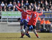 7 March 2010; Vincent Corey, Monaghan, in action against Conor Gormley and Justin McMahon, right, Tyrone. Allianz GAA Football National League, Division 1, Round 3, Monaghan v Tyrone, Inniskeen GAA Grounds, Inniskeen, Co. Monaghan. Picture credit: Brian Lawless / SPORTSFILE