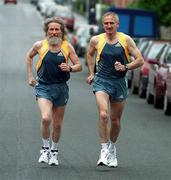 27 April 2001; Dublin Marathon pace team members Derek Quinn and Gary Clarke during a training run in Dublin. Photo by Brendan Moran/Sportsfile