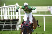 27 April 2001; Istabraq, with Charlie Swan up, after hitting the last fence during the Shell Champion Hurdle at Leopardstown Racecourse in Dublin. Photo by Matt Browne/Sportsfile
