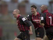27 April 2001; Stephen Caffrey of Bohemians, left, celebrates with team-mates Shaun Maher and Paul Byrne after scoring his side's first goal during the Eircom League Premier Division match between Bohemians and Finn Harps at Dalymount Park in Dublin. Photo by David Maher/Sportsfile