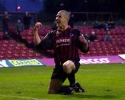 27 April 2001; Stephen Caffrey of Bohemians celebrates scoring his second and his side's third goal during the Eircom League Premier Division match between Bohemians and Finn Harps at Dalymount Park in Dublin. Photo by David Maher/Sportsfile