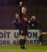 27 April 2001; Trevor Molloy of Bohemians celebrates after scoring his side's fourth goal during the Eircom League Premier Division match between Bohemians and Finn Harps at Dalymount Park in Dublin. Photo by David Maher/Sportsfile