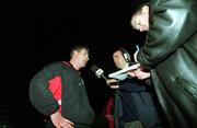 26 April 2001; Longford Town manager Stephen Kenny is interviewed by members of the media after the FAI Harp Lager Cup Semi-Final Replay match between Longford Town and Waterford Town at Flancare Park in Longford. Photo by Damien Eagers/Sportsfile