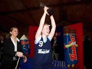 1 May 2001; Salesian Secondary School captain Niamh Barton lifts the cup after the Cadbury's Time Out All Ireland Schools &quot;D&quot; Final match between Salesian Secondary School and Monaghan Collegiate School at the National Basketball Arena in Tallaght, Dublin. Photo by Brendan Moran/Sportsfile