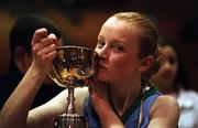 1 May 2001; Karen Halpin, captain of the St. Joseph's, Stanhope St team. kisses the cup after the Cadbury's Time Out All-Ireland Girls Senior &quot;C&quot; Final match between St Joseph's, Stanhope St v Rathmore Community School at the National Basketball Arena in Tallaght, Dublin. Photo by Brendan Moran/Sportsfile