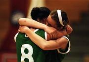 1 May 2001; Scoil Dara players Ciara Magee, 8, with Katie McCarthy after losing the Cadbury's Time Out All Ireland Schools &quot;C&quot; Final between Loreto Abbey Dalkey, Dublin, and Scoil Dara Kilcock, Kildare, at the National Basketball Arena in Tallaght, Dublin. Photo by Brendan Moran/Sportsfile