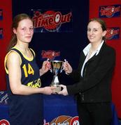 1 May 2001; Magh Ene College, Bundoran, captain Tara Gorman, Bundoran, is presented with the cup by Jean O'Callaghan of Cadbury's after the Cadbury's TimeOut All-Ireland Cadette D Schools Final match between Rathmore Community School and St Joseph's Stanhope Street at the National Basketball Arena in Tallaght, Dublin. Photo by Brendan Moran/Sportsfile