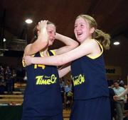 1 May 2001; Magh Ene College, Bundoran, captain Tara Gorman, left, and team-mate Sinead Fox celebrate after the Cadbury's TimeOut All-Ireland Cadette D Schools Final match between Rathmore Community School and St Joseph's Stanhope Street at the National Basketball Arena in Tallaght, Dublin. Photo by Brendan Moran/Sportsfile