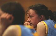 1 May 2001; St Joseph's College, Borrisoleigh, captain Eimear Ryan looks on from the bench during the closing stages of the Cadbury's TimeOut All-Ireland Cadette D Schools Final match between Rathmore Community School and St Joseph's Stanhope Street at the National Basketball Arena in Tallaght, Dublin. Photo by Brendan Moran/Sportsfile