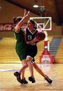 2 May 2001; Miriam Byrne of St Mary's in action against Eileen O'Connor of St Joseph's during the Cadbury's Time Out All-Ireland Senior &quot;A&quot; Schools Final match between St Joseph's Castleisland v St Mary's Mallow at the National Basketball Arena in Tallaght, Dublin. Photo by Brendan Moran/Sportsfile