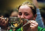 2 May 2001; St Joseph's Castleisland captain Mary Ellen Scanlon kisses the cup after the Cadbury's Time Out All-Ireland Senior &quot;A&quot; Schools Final match between St Joseph's Castleisland v St Mary's Mallow at the National Basketball Arena in Tallaght, Dublin. Photo by Brendan Moran/Sportsfile