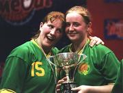 2 May 2001; St Joseph's Castleisland captain Mary Ellen Scanlon, right, and Noreen Kearney celebrate with the cup after victory in the Cadbury's Time Out All-Ireland Senior &quot;A&quot; Schools Final match between St Joseph's Castleisland v St Mary's Mallow at the National Basketball Arena in Tallaght, Dublin. Photo by Brendan Moran/Sportsfile