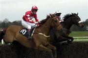 27 April 2001; Executive Way with Mark Madden up, jumps the first with Brown Buck, with Barry Cash up, during the Glendoo Handicap Steeplechase at Leopardstown Racecourse in Dublin. Photo by Matt Browne/Sportsfile