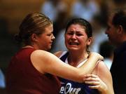 2 May 2001; Rosie King of Our Lady's Castleblaney is consoled after the Cadbury's TimeOut All Ireland Senior B Schools Final match between Our Lady of Lourdes Wexford and Our Lady's Castleblayney at the National Basketball Arena in Tallaght, Dublin. Photo by Brendan Moran/Sportsfile
