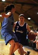 2 May 2001; Rosie Quinn of Our Lady's Castleblaney in action against Jennie Harney of Our Lady of Lourdes Wexford during the Cadbury's TimeOut All Ireland Senior B Schools Final match between Our Lady of Lourdes Wexford and Our Lady's Castleblayney at the National Basketball Arena in Tallaght, Dublin. Photo by Brendan Moran/Sportsfile