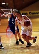2 May 2001; Aine Staunton of Presentation Thurles in action against Aoife O'Dwyer of Scoil Ruain during the Cadbury's Time Out All-Ireland Senior &quot;A&quot; Schools Final match between Presentation Thurles and Scoil Ruain Killenaule National Basketball Arena in Tallaght, Dublin. Photo by Brendan Moran/Sportsfile