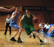 3 May 2001; Edward McArdle of St Aidan's in action against Eamonn Kearns of Avondale during the Cadbury's Time Out All Ireland Under 19 'C' Schoolboys Final match between Avondale Community College, Rathdrum, and St Aidan's Comprehensive, Cootehill at the National Basketball Arena in Tallaght in Dublin. Photo by Brendan Moran/Sportsfile