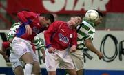 2 May 2001; Pat Scully and Richie Baker of Shelbourne in action against Brian Byrne of Shamrock Rovers during the Eircom League Premier Division match between Shelbourne and Shamrock Rovers at Tolka Park in Dublin. Photo by David Maher/Sportsfile