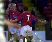 2 May 2001; Richie Foran of Shelbourne, left, celebrates after scoring his side's first goal with team-mate Dessie Baker during the Eircom League Premier Division match between Shelbourne and Shamrock Rovers at Tolka Park in Dublin. Photo by David Maher/Sportsfile