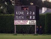 29 April 2001; A general view of the scoreboard, where the scorekeeper has run out of the number two to indicate the two Meath goals scored, during the Guinness Leinster Senior Hurling Championship Preliminary Round match between Kildare and Meath at Conneff Park in Clane, Kildare. Photo by Aoife Rice/Sportsfile